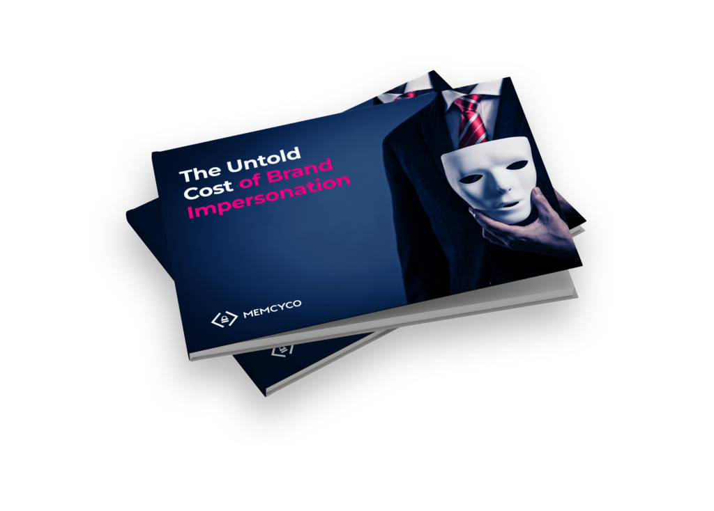 A stack of eBooks titled "The Untold Cost of Brand Impersonation," featuring an image of a person in a suit holding a white mask, highlights critical insights ideal for your single library collection.