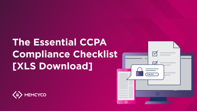 A computer monitor and smartphone display a checklist and security icons, with text: "The Essential CCPA Compliance Checklist [XLS Download]—your guide to meeting California data privacy regulations.