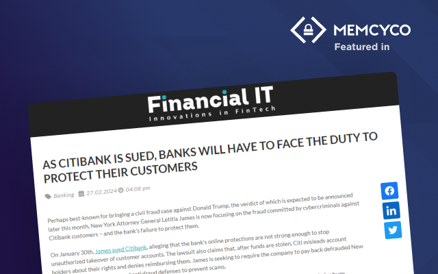 A screenshot of a Financial IT article headlined “As Citibank is sued, banks will have to face the duty to protect customers,” featuring MEMCYCO branding.