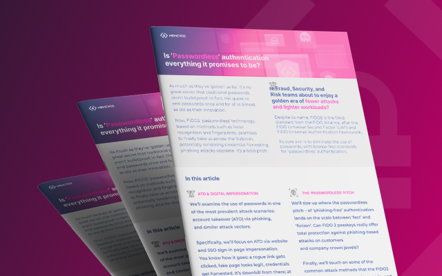 Three digital security article pages with a purple gradient background, focusing on passwordless authentication, FIDO2 standards, and protection against credentials phishing in cybersecurity.