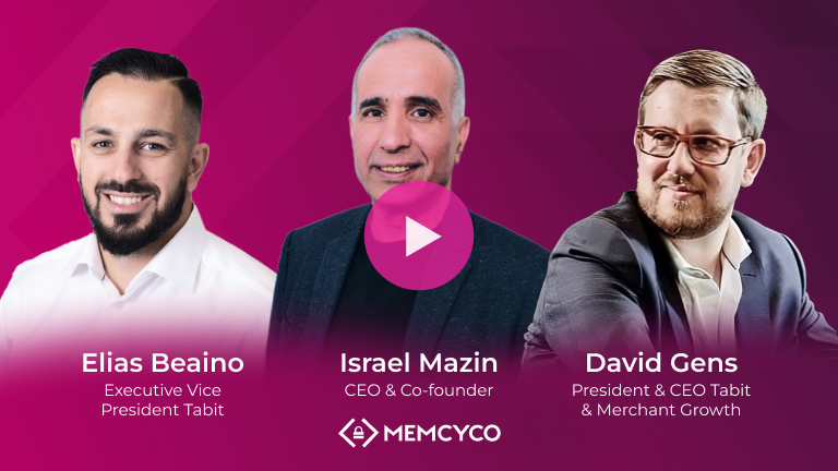 Three men in business attire, Elias Beaino, Israel Mazin, and David Gens, appear against a pink background with the Memcyco logo and play button, highlighting real-time ATO prevention with Israel Mazin: Fintrepreneur Podcast.