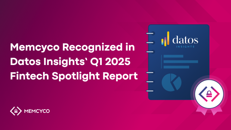 A digital graphic announces Memcyco’s recognition in the Datos Insights Fintech Spotlight Report, featuring a report illustration and company logos on a pink gradient background.