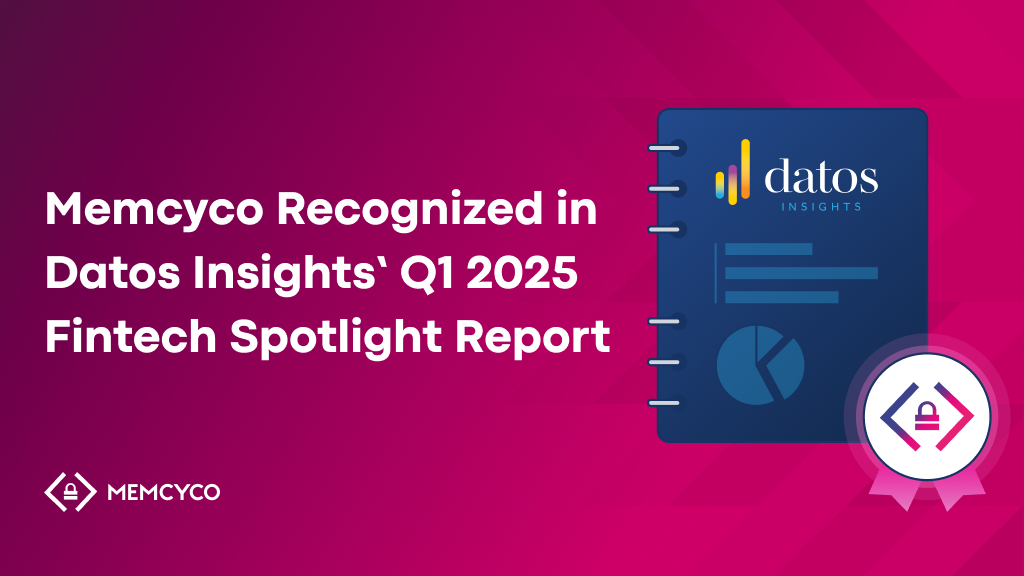 A digital graphic announces Memcyco’s recognition in the Datos Insights Fintech Spotlight Report, featuring a report illustration and company logos on a pink gradient background.