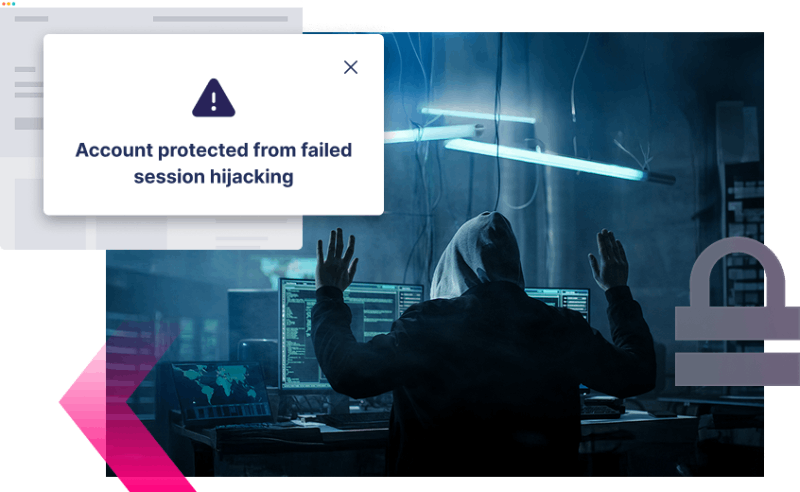 A person in a hoodie sits at a computer in a dark room, while a notification reads "Account protected from failed session hijacking"—a strong cybersecurity use case in action.