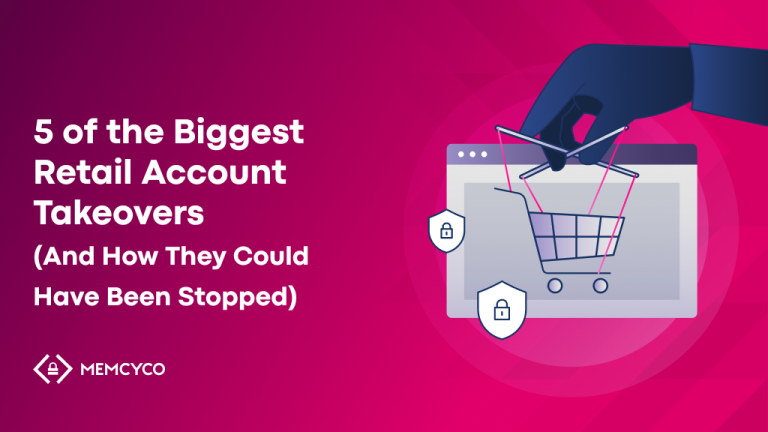 A gloved hand holds a shopping cart above a browser with padlock icons. Text reads: "5 of the Biggest Retail Account Takeovers (And How They Could Have Been Stopped)". Explore major security breaches in retail and ways to prevent them.