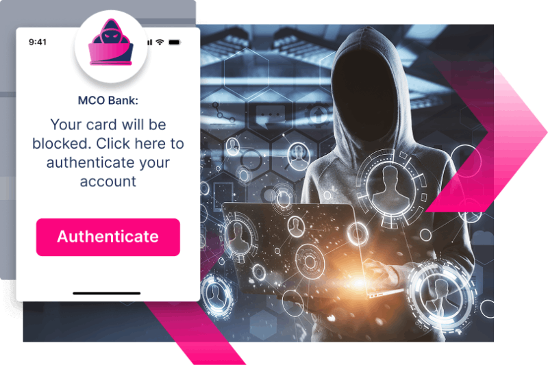 A hooded figure using a laptop is overlaid with digital icons, next to a fake bank alert urging account authentication to avoid a card block—highlighting the urgent need to stop more ATOs.